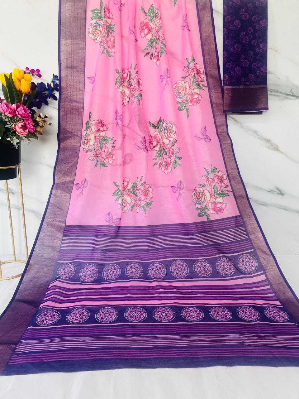 MG 378 Gold Jari Border With Weaving Linen Printed Sarees Wholesale Online
